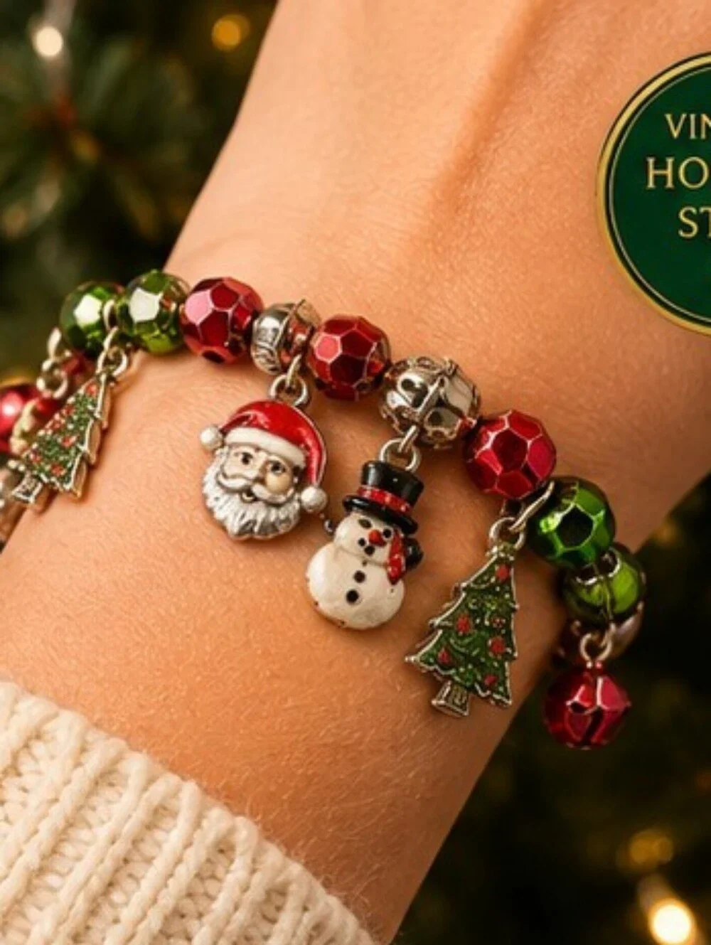 Vintage Christmas Charm Bracelet Santa Snowman Tree Jingle Bells Red Green